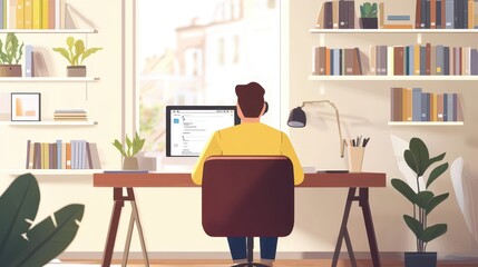 Fototapeta premium A remote worker having a video call from a cozy home office, with bookshelves and natural light, symbolizing virtual collaboration