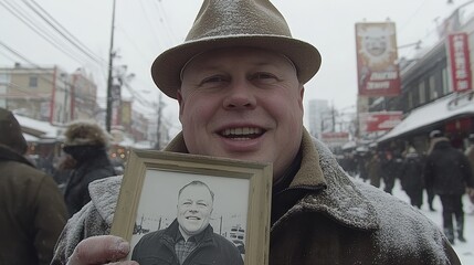 A man holds a framed photo of a younger version of himself. Perfect for apps focusing on nostalgia, aging, or personal history.