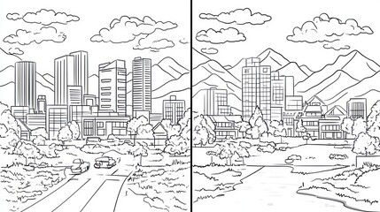 Obraz premium Cityscape, mountain view, coloring page, road, park, urban, nature, contrast, illustration, activity book