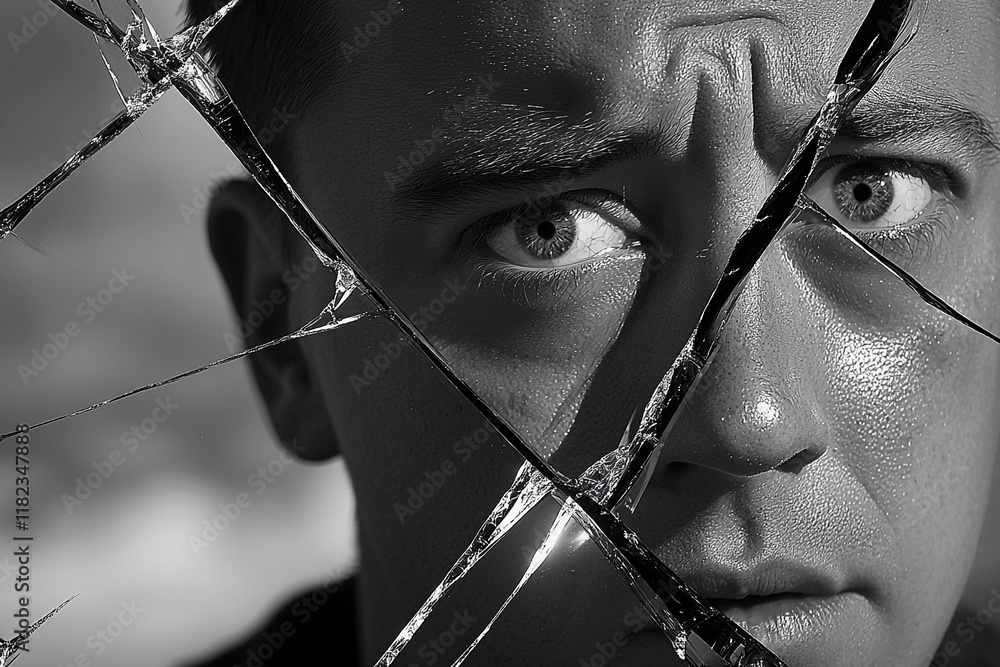 Poster face reflected through a fragmented mirror surface