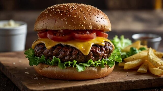 A cheeseburger with lettuce, tomatoes, and fries, on a wooden board. 