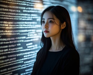 Korean Woman Engages with Illuminated Legal Text Projection in Dramatic Portrait