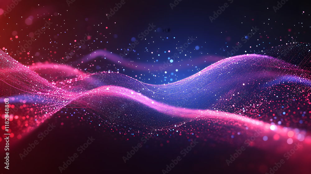 Poster an abstract futuristic illustration of data technology, featuring waves with connecting dots and lin