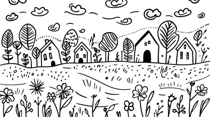 Hand-drawn village landscape, whimsical houses, flowers, windy sky, coloring page