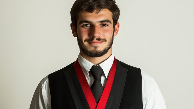 A young man in a suit and red sash smiles confidently. Ideal for graduation, academic achievements, or professional profiles.