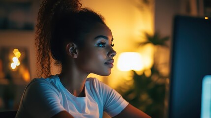 A young woman attending an online fitness class at home, following along with the instructor, promoting health and exercise at home