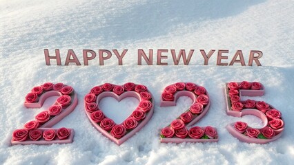 Hyper-realistic 3D text "Happy New Year" in pink with heart-shaped roses on a snowy background, featuring "2025" numerals at the center, romantic and festive.