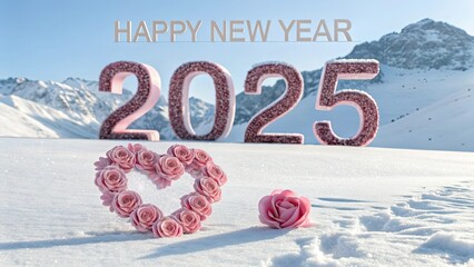Romantic 3D "Happy New Year" Centered with Heart-Shaped Pink Roses and '2025' Formation, Snowy Mountain Landscape Background, Soft Pastel Shades, Sunny Clear Blue Sky, High Resolution