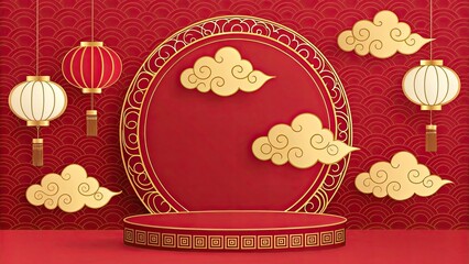 Luxurious red backdrop highlighted by golden clouds and lanterns, with a circular frame border and a central blank space for text, exuding an elegant festive ambiance perfect for Chinese New Year.