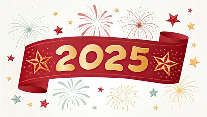 Festive red ribbon with New Year elements, fireworks, and stars surrounding "2025", exuding happiness for the Happy New Year, set against a transparent background.