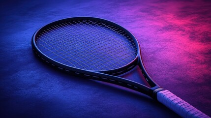 A sleek black tennis racket illuminated by neon blue and pink light. Ideal for sports websites, blogs, or social media posts about tennis.