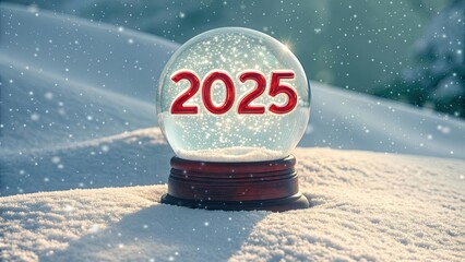 Captivating snow globe with "2025" in red, centered on a snowy background, creating a mesmerizing effect, as if looking through a crystal ball into a winter wonderland.