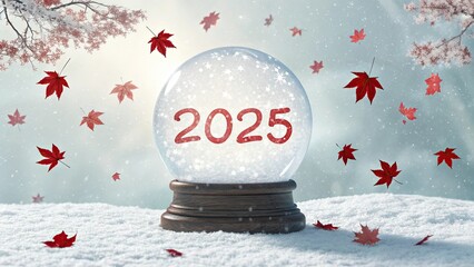 Festive snow globe featuring "2025" in red, set against a snowy background, evoking a sense of wonder and enchantment, as if gazing into a crystal ball of winter's magic.