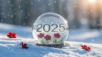 Enthralling snow globe featuring "2025" in red, centered on a snowy background, inviting spectators to peer into a crystal ball that captures the magic of winter.