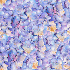 Hand-painted watercolor illustration. A seamless floral pattern featuring delicate blue hydrangea flowers.