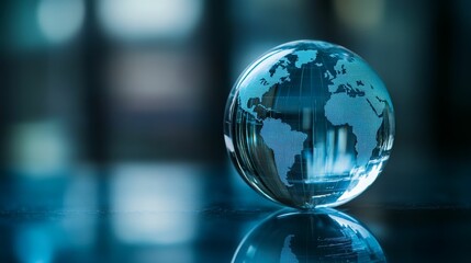 Glass globe, world map, blue hue, reflective surface.