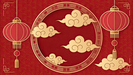 Auspicious Cloud Pattern with Red and Gold Lanterns, Circular Frame, Chinese New Year Atmosphere, Flat Design, High-Resolution, No Text, Simple Background.