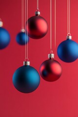 Fototapeta premium Red and blue Christmas baubles hanging against a red background.