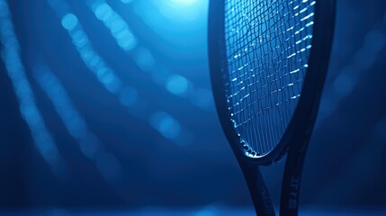Close-up of a tennis racket under blue light. Ideal for sports websites, social media, and ads showcasing tennis equipment.