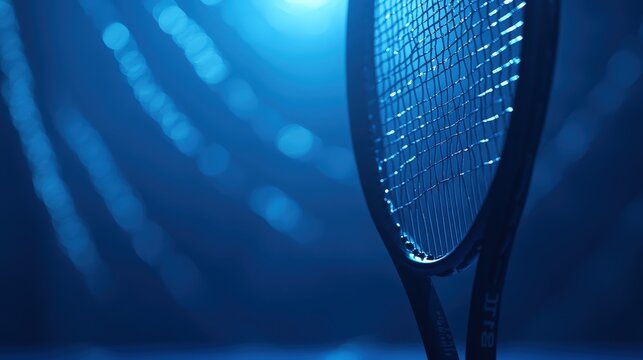 Close-up of a tennis racket under blue light. Ideal for sports websites, social media, and ads showcasing tennis equipment.