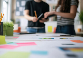 Fototapeta premium young individuals working on a project, with hands writing and sticky notes scattered, is ideal for promoting project management and business services.