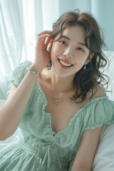 Fototapeta premium The pastel green attire emphasizes her glowing skin and gentle features, creating a calming and elegant vibe.