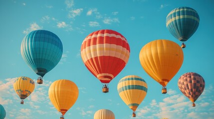 Colorful hot air balloons floating in a vibrant blue sky.