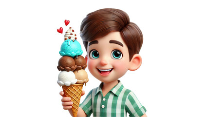 Joyful boy enjoying colorful ice cream cone outdoor setting cartoon style cheerful vibe