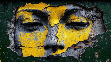 Face emerging from cracked wall, yellow paint, eyes closed.