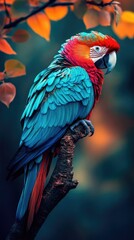 Obraz premium A vibrant parrot perched on a branch, showcasing its colorful feathers against a blurred background.