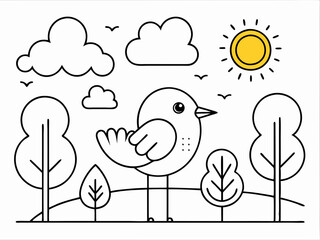 scene with bird, trees and sun easy coloring page for kids and adults. Nature Scene with Bird and Trees Coloring Sheet - Relaxing Printable for Kids.