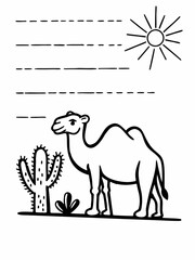 Camel and Cactus Desert Scene Coloring Page - Fun Printable for Kids.
