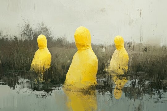 Three yellow figures stand in murky water.