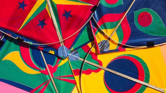 Multicolor Kites display background. Happy makar sankranti greetings wishes. Patang photos various kite designs