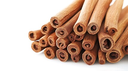 A pile of aromatic cinnamon sticks neatly stacked on a white background.