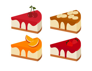 strawberry, cherry, orange, banana cake slices, vector illustration