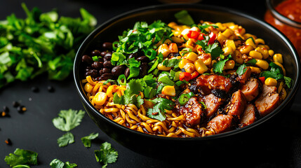 f0b TexMex ramen with corn, black beans, and spicy chili sauce
