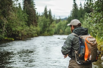 Fototapeta premium Fisherman with backpack by a river in woods.