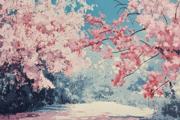 Pink and blue blossoming trees, tranquil landscape.
