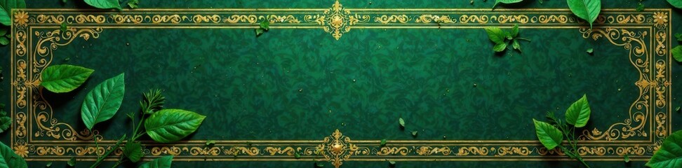 Obraz premium Intricately designed golden border with arabesque patterns on dark green leaves, leaf patterns, golden border