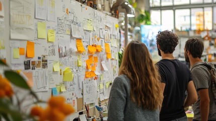 Product development team brainstorming in a workshop, sticky notes and sketches on the wall, vibrant atmosphere 