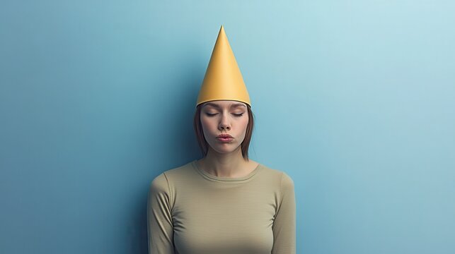 A young woman with closed eyes wears a tall yellow dunce cap against a light blue background. This image can be used for concepts like shame, punishment, or feeling foolish.