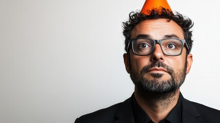 Fototapeta premium A man with glasses and a small orange party hat looks at the camera with a confused expression. This image could be used for birthdays, celebrations, or unexpected events.