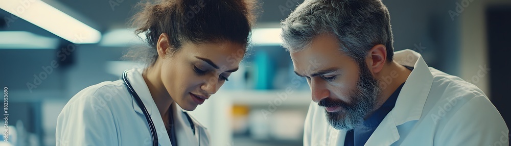 Poster a focused collaboration in a modern laboratory, featuring diverse scientists analyzing data and cond