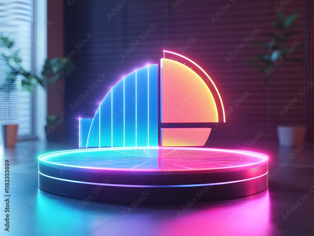 Poster a futuristic led illuminated display featuring vibrant neon colors and geometric shapes, ideal for s