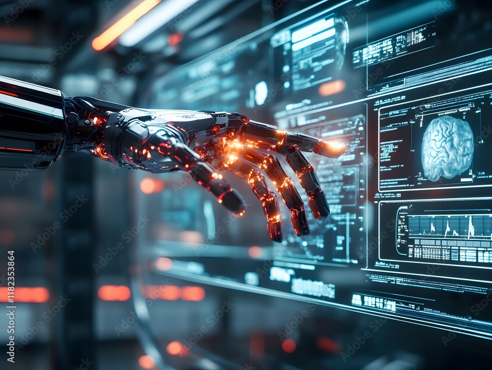 Poster a futuristic robotic hand interacts with a high-tech digital interface, showcasing advanced technolo