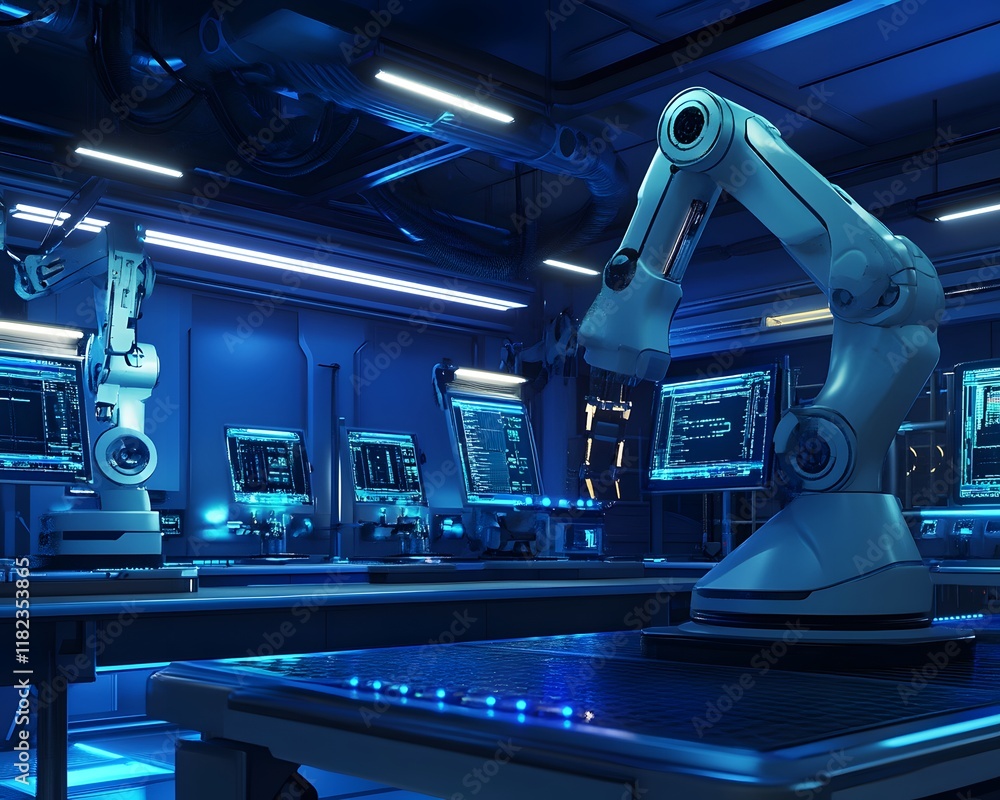 Poster a futuristic robotics lab featuring advanced robotic arms and high-tech screens, illustrating modern