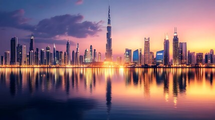 Obraz premium Stunning sunset cityscape reflecting on calm water.