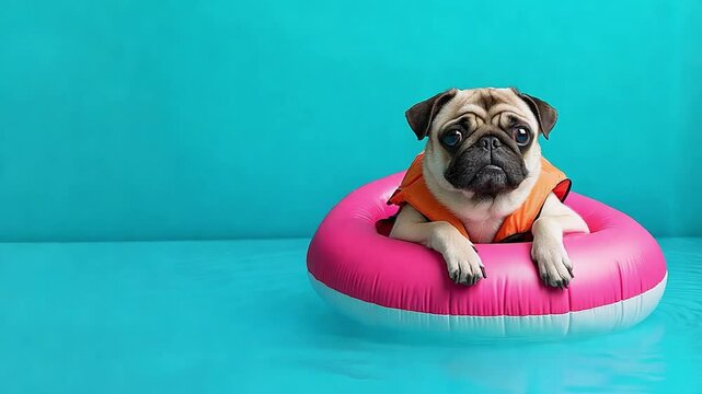 A cheerful pug in an orange life jacket relaxes on a pink float, soaking up the sun by a turquoise pool