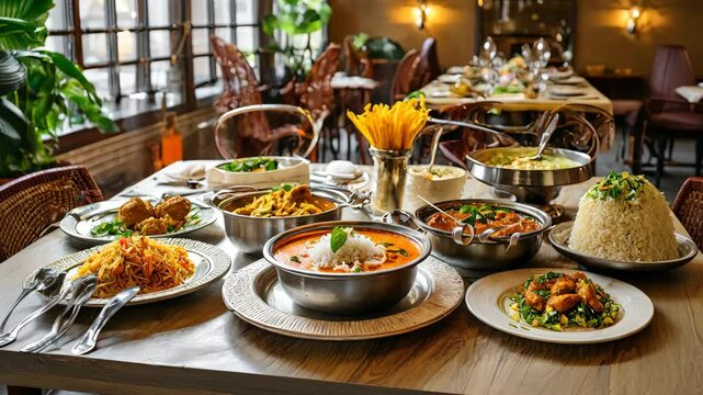 Aromatic curries, fragrant rice, and gourmet accompaniments served on elegant wooden table in indian restaurant setting.